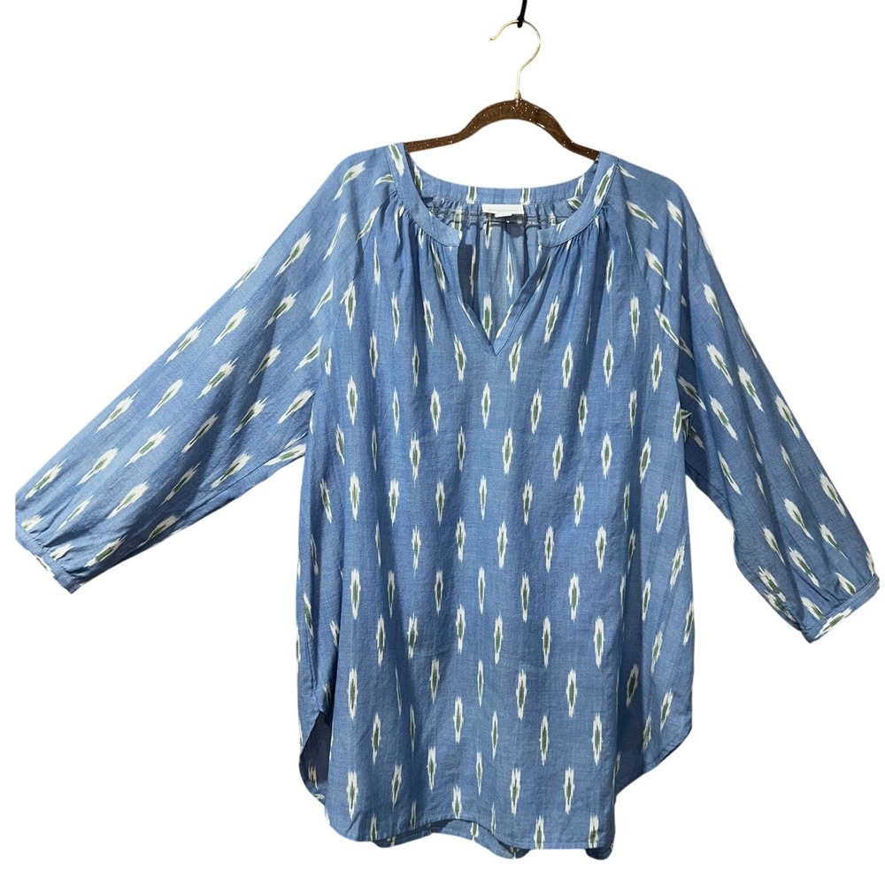 J.Jill Blue Ikat Print Novelty Tunic Blouse Split V-Neck 3/4 Sleeve Small - Picture 3 of 4